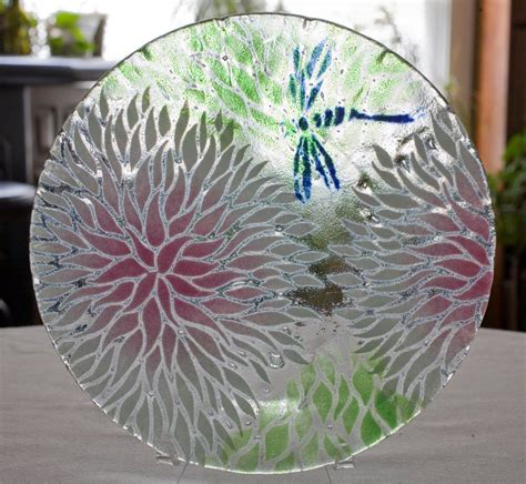 Sydenstricker Fused Art Glass Dragonfly Pink White Green Floral Plate 8 5 Signed Fused Glass