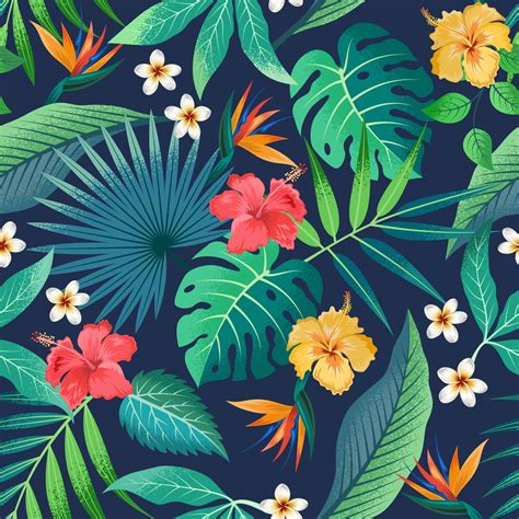 Seamless Pattern With Beautiful Tropical Flowers And Leaves Exotic