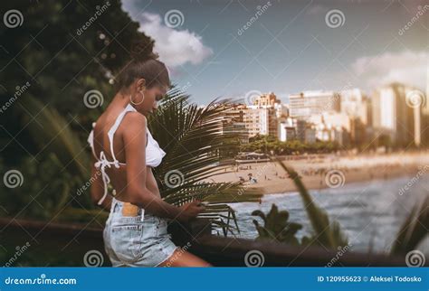 brazilian girl in front of the beach of rio stock image image of ebony black 120955623