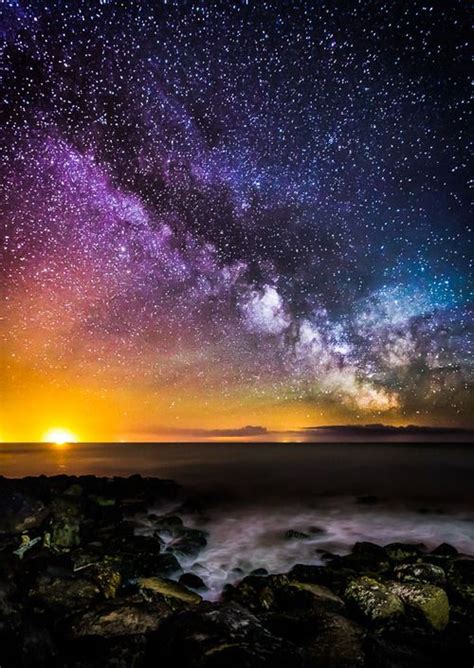 Starry Sky Colorful Clouds Sun Ocean Water Stars Night Universe
