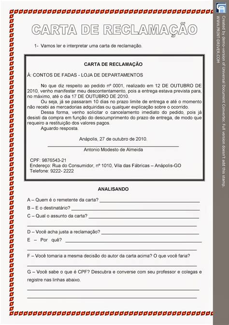 Atividades Carta Do Leitor 7o Ano Com Gabarito EDUCA