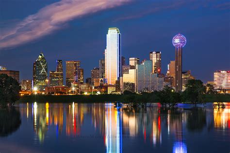 Dallas Skyline At Dusk With Reflection Dfw Stock Photography Photographs