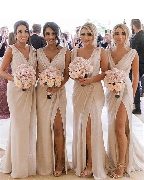 chiffon v neck beige bridesmaid dresses long with slit fitted wedding siaoryne