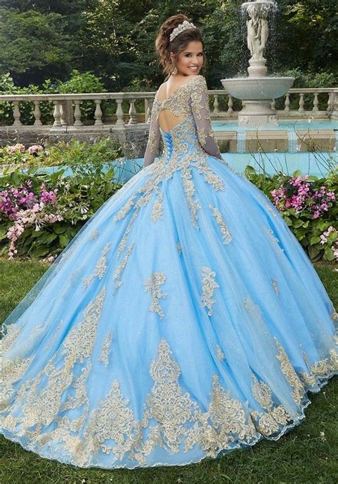 ball gown prom dress long sleeve light blue tulle gold lace quinceanera dress prom dresses