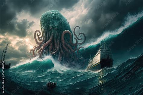 Digital Painting Of Fantasy Scene Showing Cthulhu The Giant Octopus