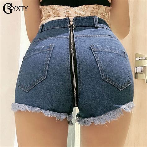 GBYXTY Women Summer Sexy Zipper In Back High Waist Denim Shorts Tassel