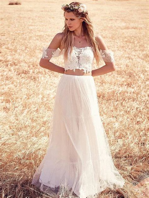 Two Pieces 2016 Boho Wedding Dresses Off Shoulder Short Sleeve