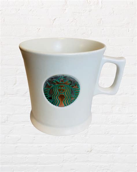 Vintage Starbucks 2014 White Mug With Copper And Green Siren Etsy