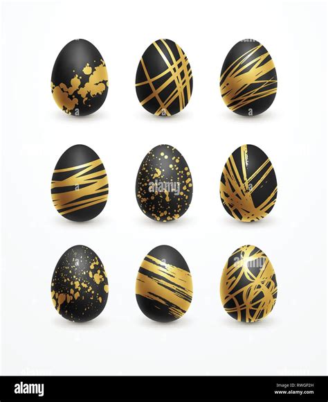 Happy Easter Realistic Black And Golden Shine Decorated Eggs Set