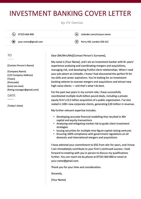 Investment Banking Cover Letter Example And Free Template