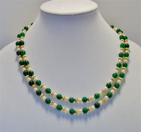 Natural Jade Gemstone With Pearls And Gold Beaded Accents Necklace Set