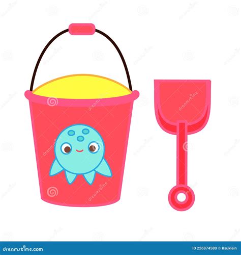 Bucket With Sand And Shovel Beach Toys For Children Stock Vector