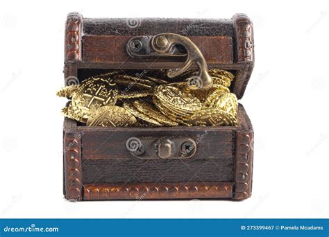 Treasure Chest Filled With Golden Coins On A White Background Stock