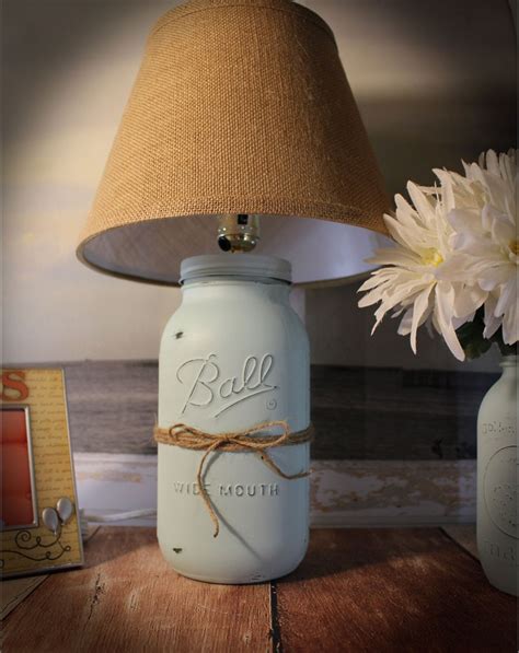 Mason Jar Lamp Beach Cottage Table Lamp Burlap Rustic Shabby Chic