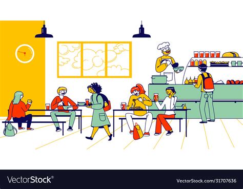 Children Eat In School Cafe Cafeteria Interior Vector Image