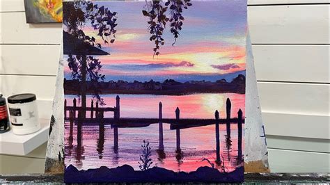 How To Paint Sunset And Dock Acrylic Painting Tutorial Youtube
