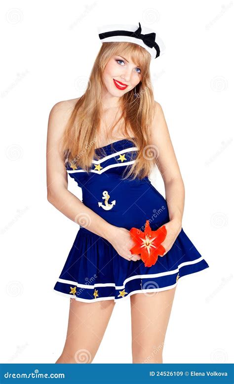 Beautiful Woman Wearing Sailor Striped Dress Stock Image Image Of