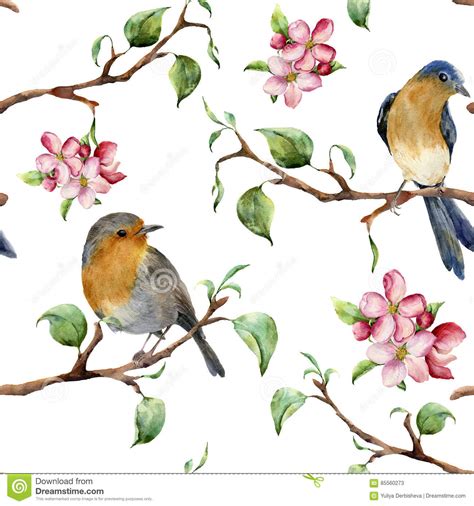 Watercolor Pattern With Tree Branches Birds And Apple Blossom Hand