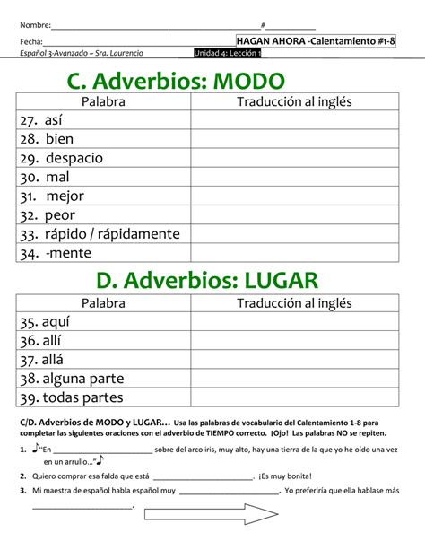 C Adverbios Modo D Adverbios Lugar