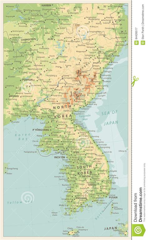 Korea consists of the korean peninsula, jeju island, and several minor islands near the peninsula. Korean Peninsula Physical Map. Retro Color Stock Vector - Illustration of land, outline: 84426517