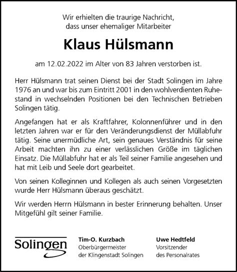 Alle Traueranzeigen für Klaus Hülsmann trauer rp online de