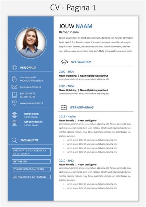 CV Voorbeeld 299 pag. 1 | Cv template, Resume template professional, Resume design template