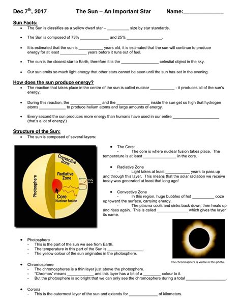 Sun Layers Worksheet