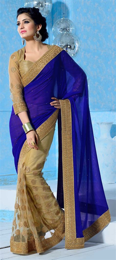 chiffon party wear saree in blue with patch work party wear sarees attire women india clothes