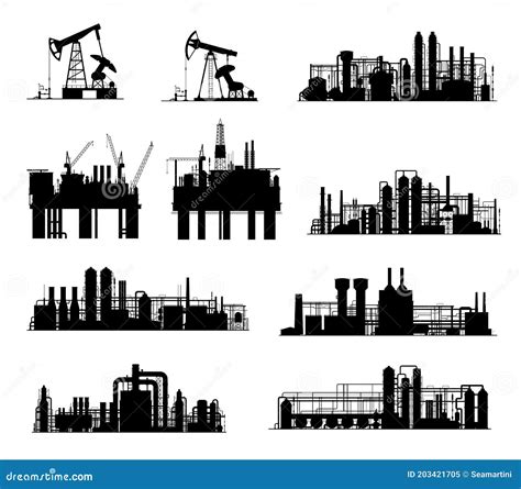 Oil And Gas Industry Silhouettes Refinery And Rig Stock Vector