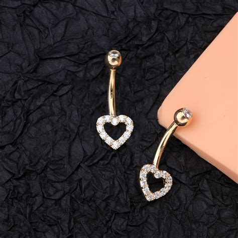 Oufer K Solid Gold Heart Cz Belly Button Ring G Navel Etsy