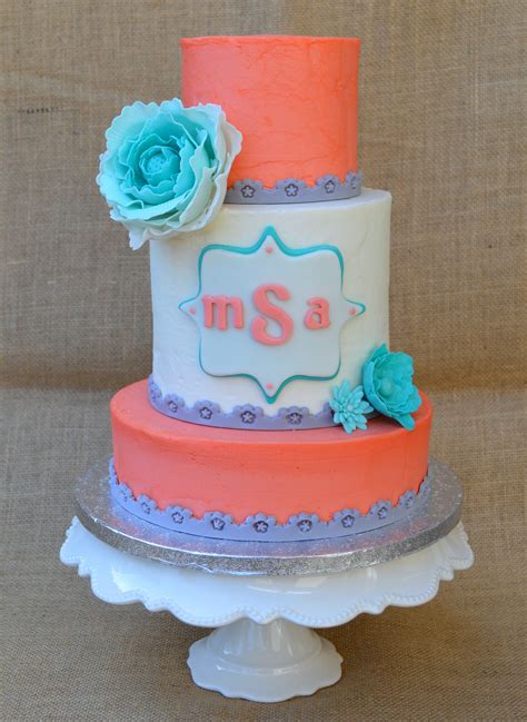 Coral Gray And Turquoise Cake