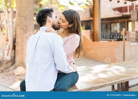 Passionate Hispanic Couple Kissing Stock Image Image Of Casual Cafe
