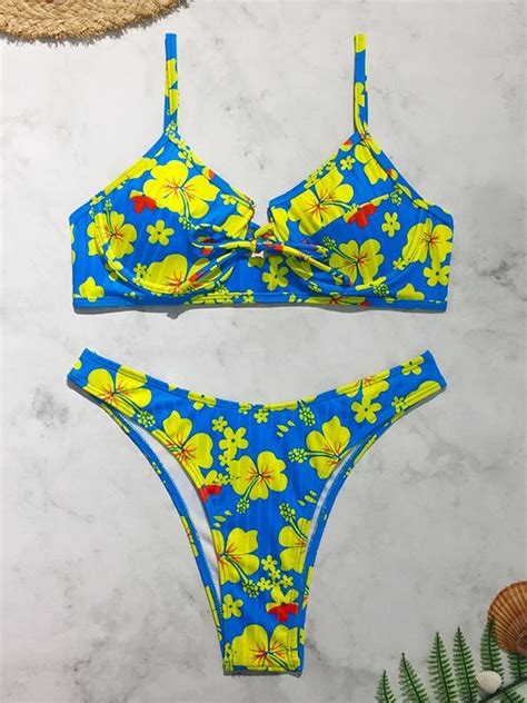 emmiol free shipping 2023 hibiscus print underwire bikini set blue m in bikini sets online store