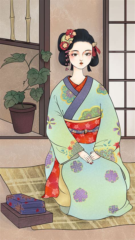 复古日本浮世绘和服少女古典唯美插画动图下载 包图网