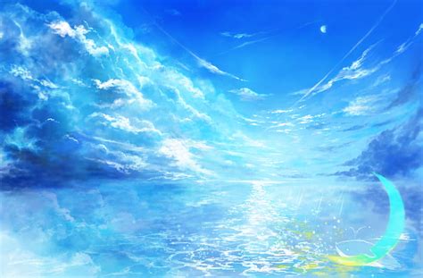 Anime Landscape Crescent Horizon Sky Water Hd Wallpaper Peakpx