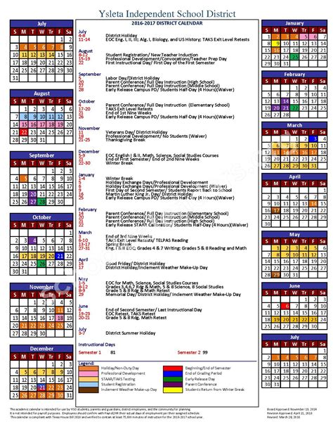 2016 2017 District Calendar Ysleta Independent School District El