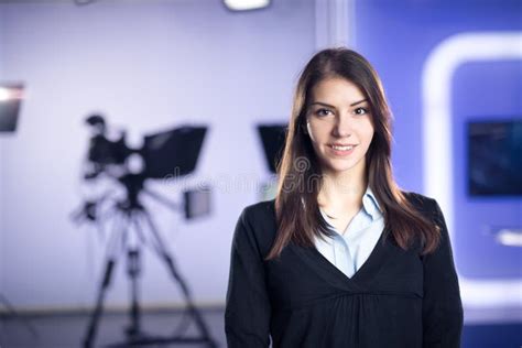 Television Presenter Recording In News Studiofemale Journalist Anchor