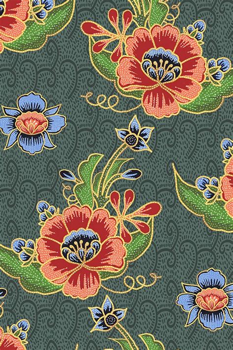Malaysia Hand Drawn Floral Batik Green Blue And Gold By Laura Hickman Seamless Repeat Royalty