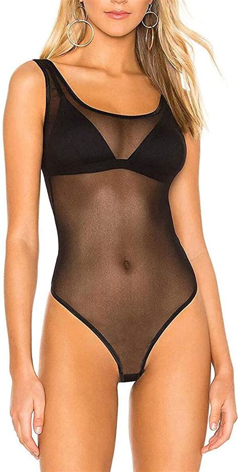 Ypser Women S Sheer Bodysuits Sleeveless One Piece Lingerie See Through Mesh Jumpsuit Tops At