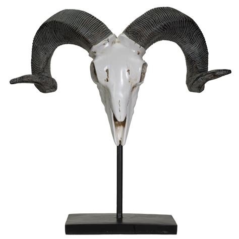 Polystone Corsican Ram Skull With Horns On Metal Stand Home Decorative