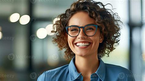 Happy Laughing Female Office Worker Wearing Glasses Looking For Job