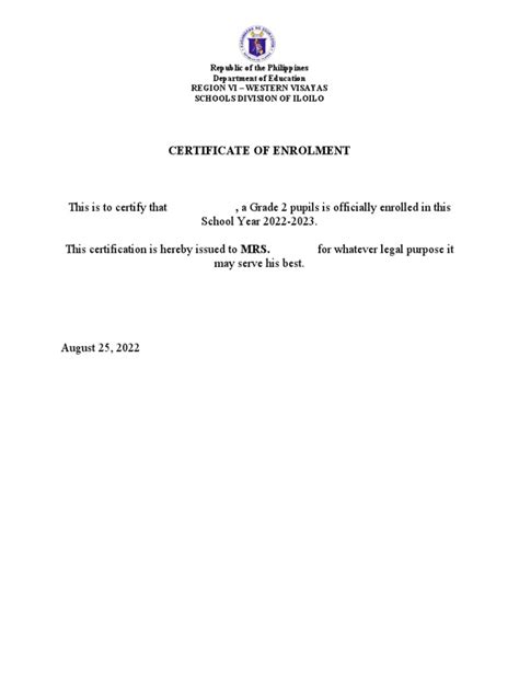 Certificate Of Enrolment Sample Pdf
