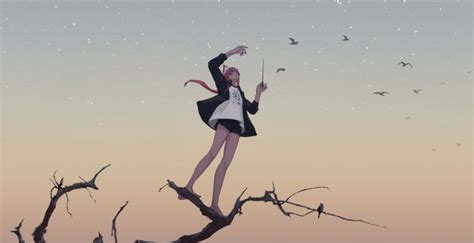 Desktop Wallpaper Relaxed Anime Girl Birds Sunset Sky Art Hd