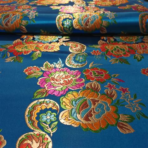 Dark Blue Brocade Oriental Damask Floral Decor Metallic Fabric Etsy