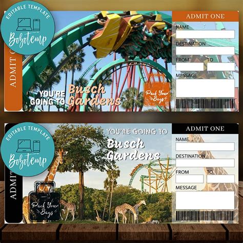 Editable Busch Gardens Surprise Trip Tickets Instant Download