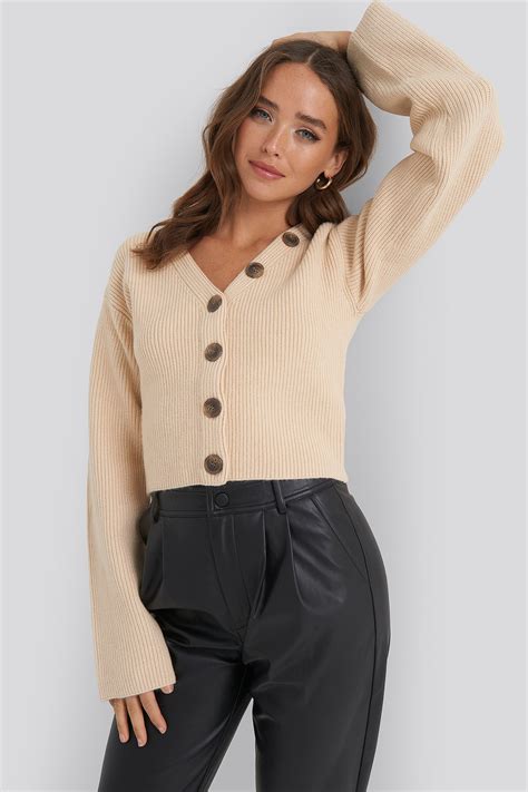 Short Buttoned Knitted Sweater Beige Na