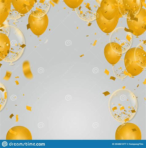 Celebration Party Banner With Golden Balloons And Serpentine Stock