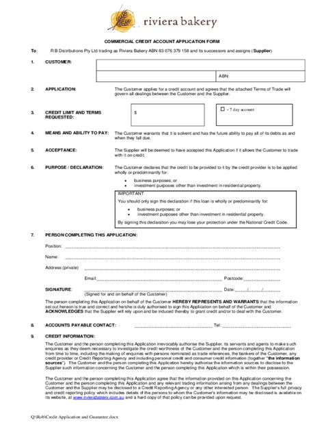 Fillable Online Commercial Credit Control Application Form Fax Email