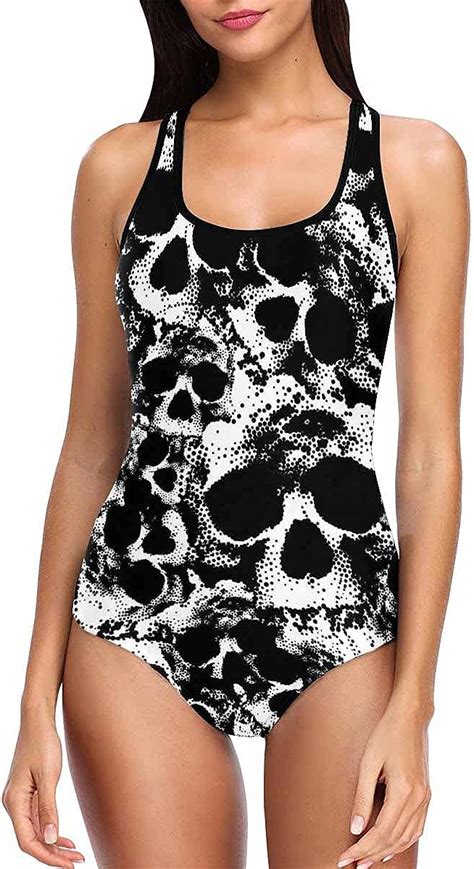 Interestprint Black And White Human Skull Bathing Suits For Women High Waist One