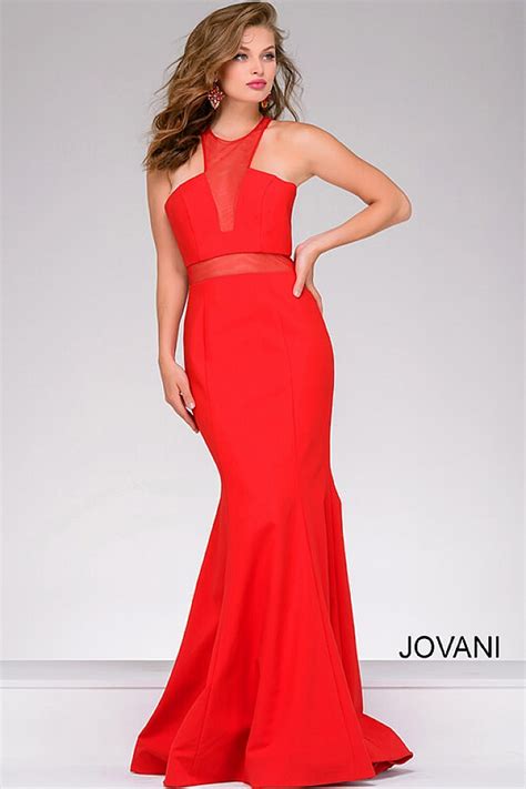 Red Halter Neck Prom Dress With Sheer Neckline And Sexy Open Back